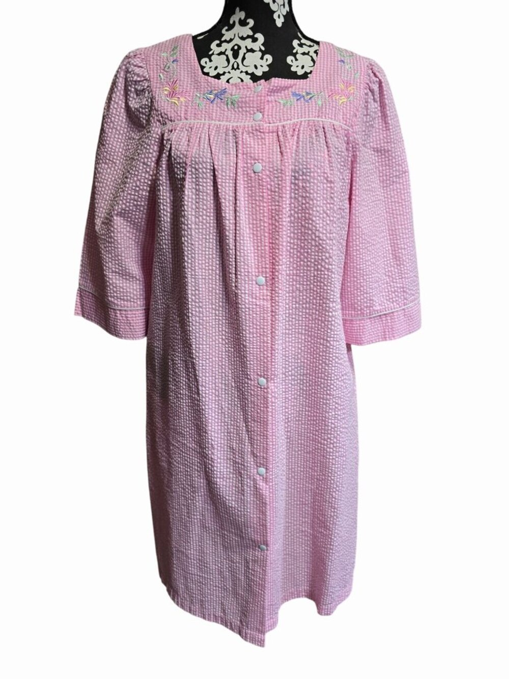 Vintage Collette Medium Pink Gingham Seersucker Button-Down Womens Nightgown